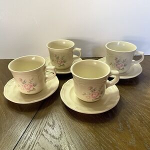 Pfaltzgraff Tea Rose 4 Cups & Saucers Pink Floral Cottagecore Vintage USA